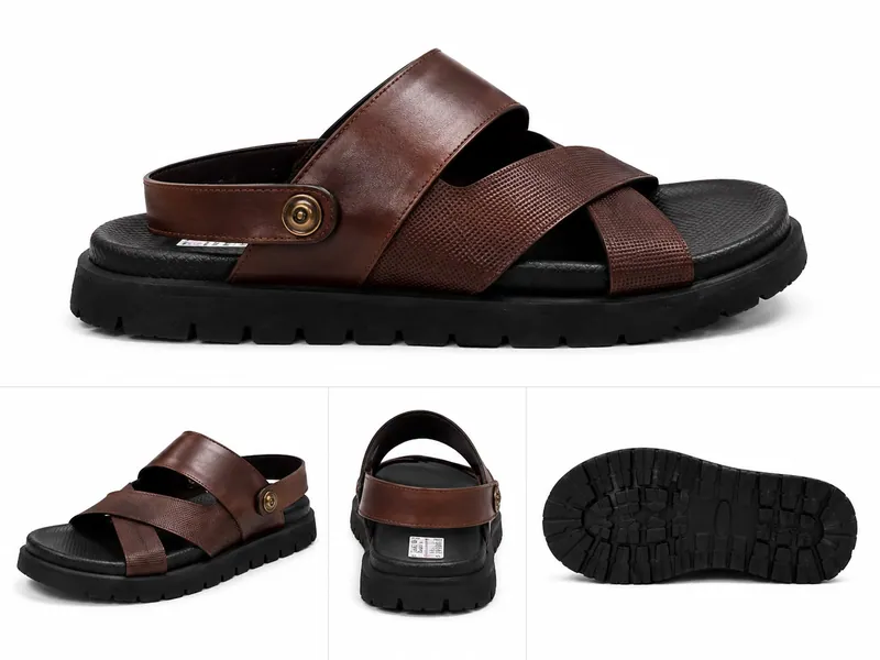 Tan cross-band sandal with versatile strap at the back